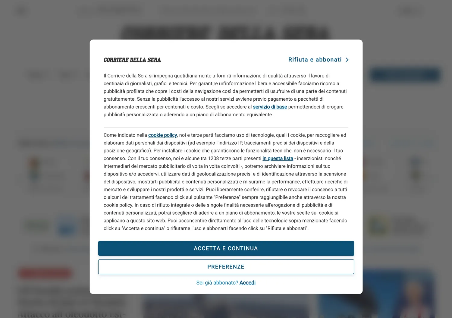 Screen capture of corriere.it