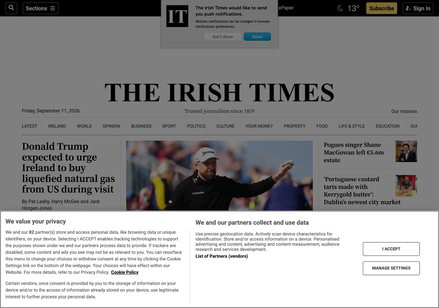 Screen capture of irishtimes.com