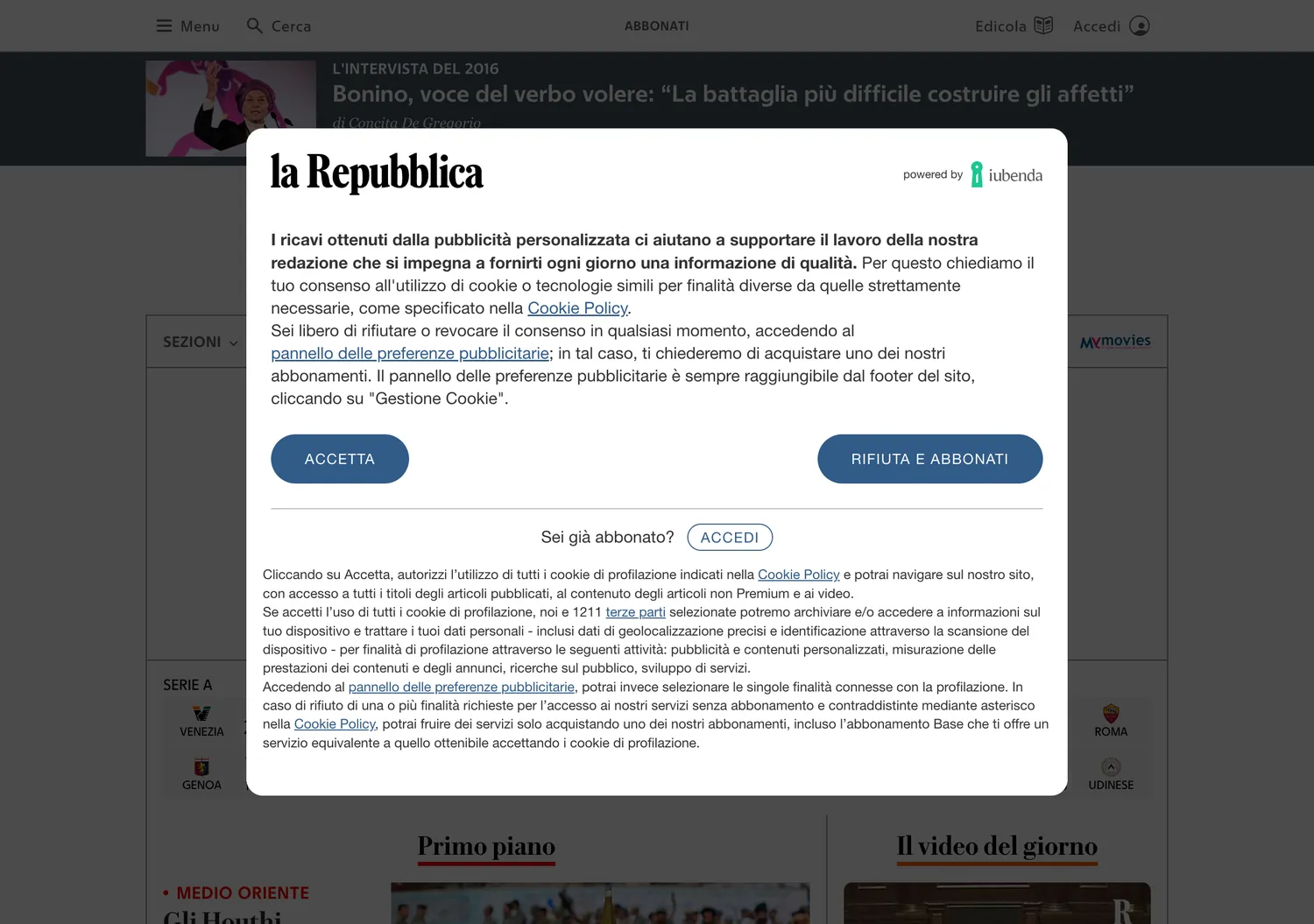 Screen capture of repubblica.it