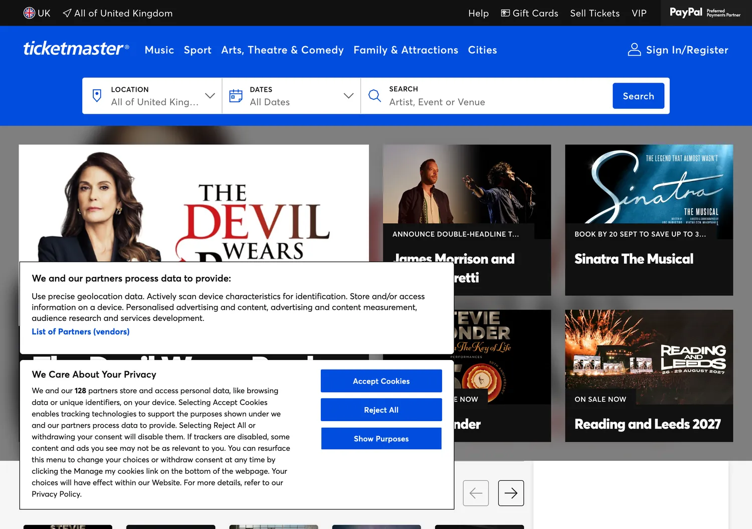 Screen capture of ticketmaster.co.uk