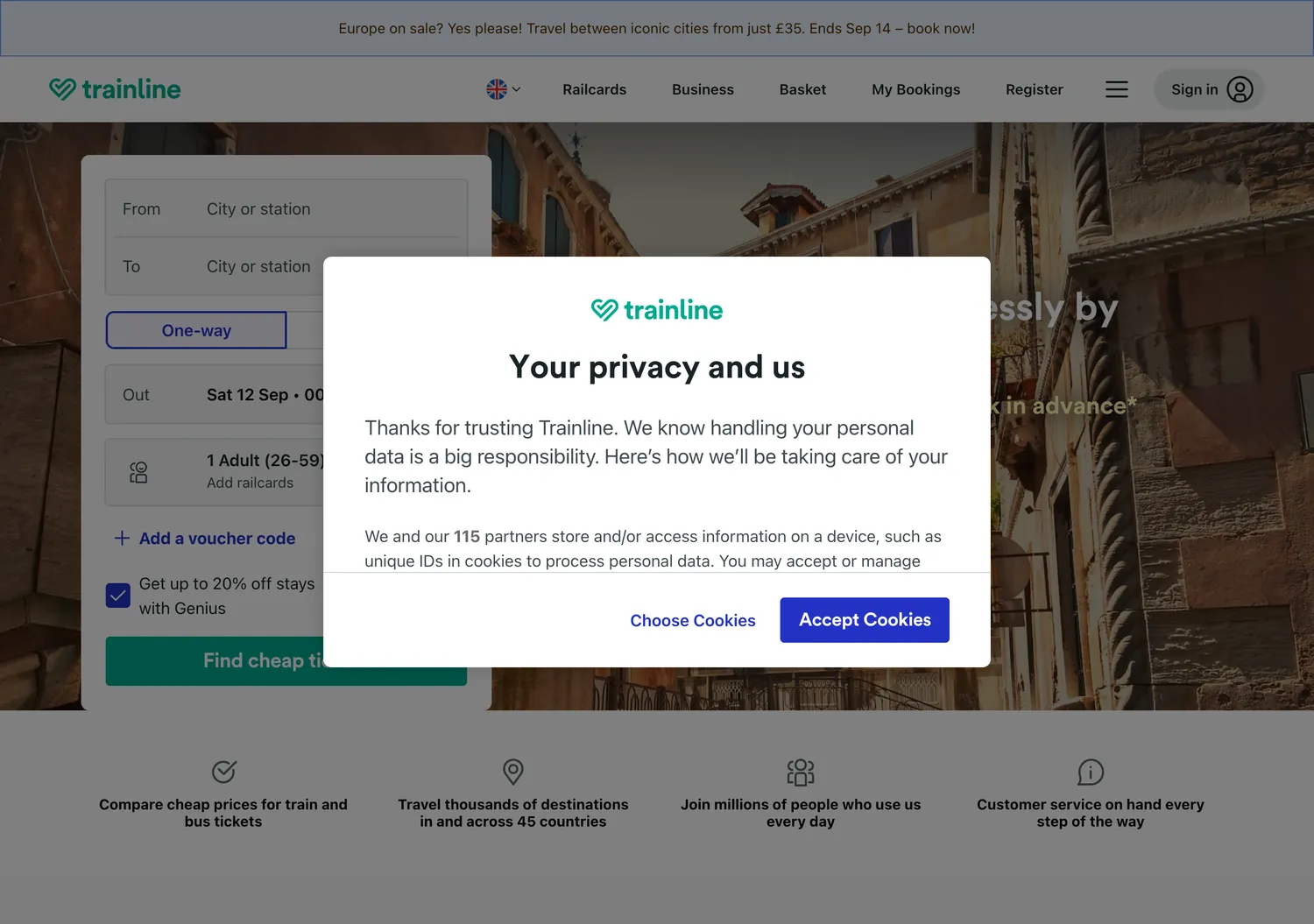 Screen capture of thetrainline.com