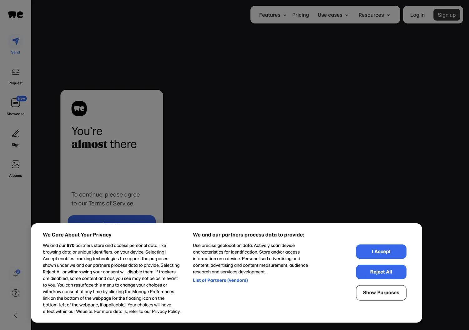 Screen capture of wetransfer.com